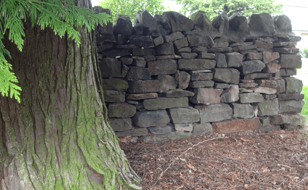 Collapsing drystone wall with mortared tops