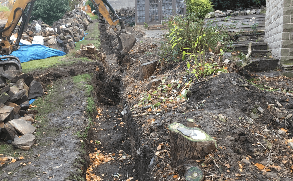 Digger removing tree stumps